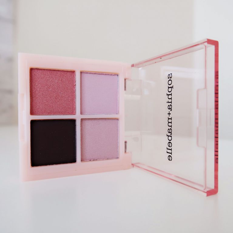 Pink, Purple and dark brown eyeshadow quad with pink packaging from Sophia and Mabelle