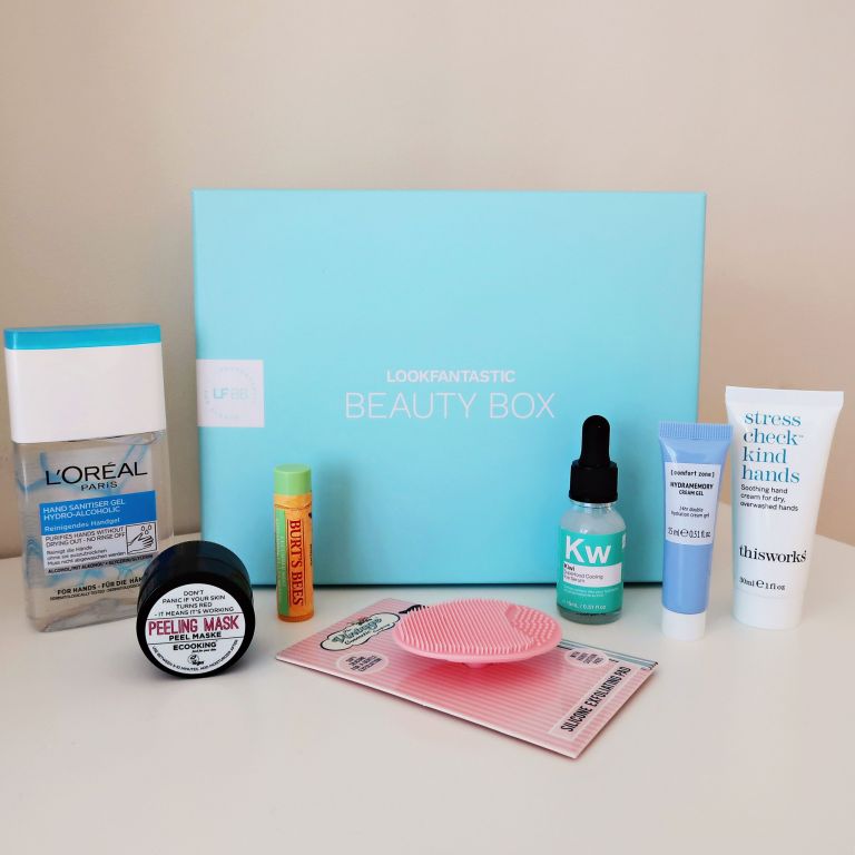 May 2021 Lookfantastic Ethereal Edition lookfantastic blue beauty box products displayed in front of the beauty box