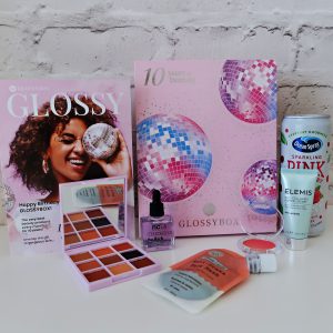 10th Birthday Edition Glossybox: beauty products stood in front of a pink beauty box