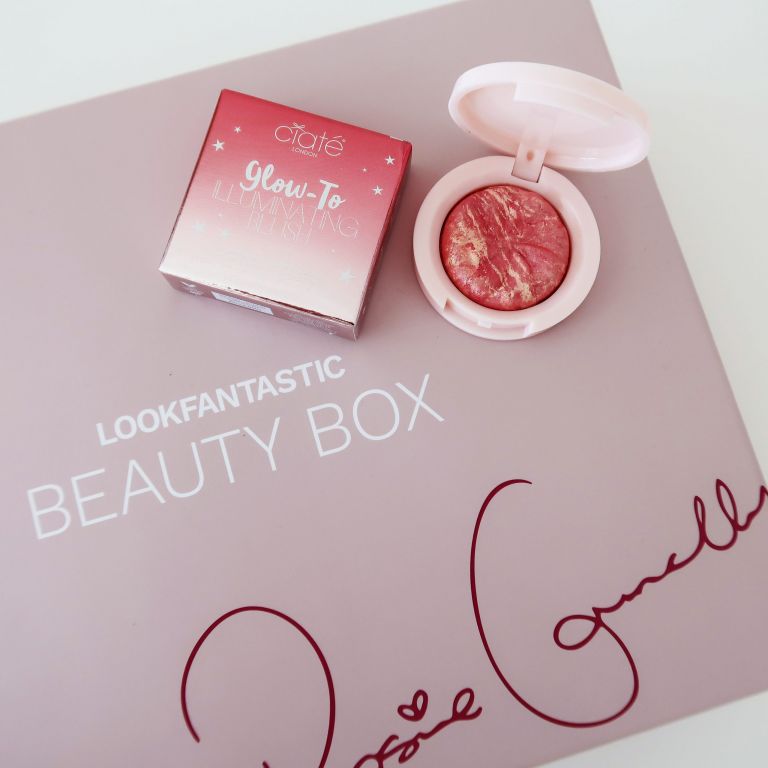 Pink blush pan of Ciate Glow-To on top of a muted pink lookfantastic box.