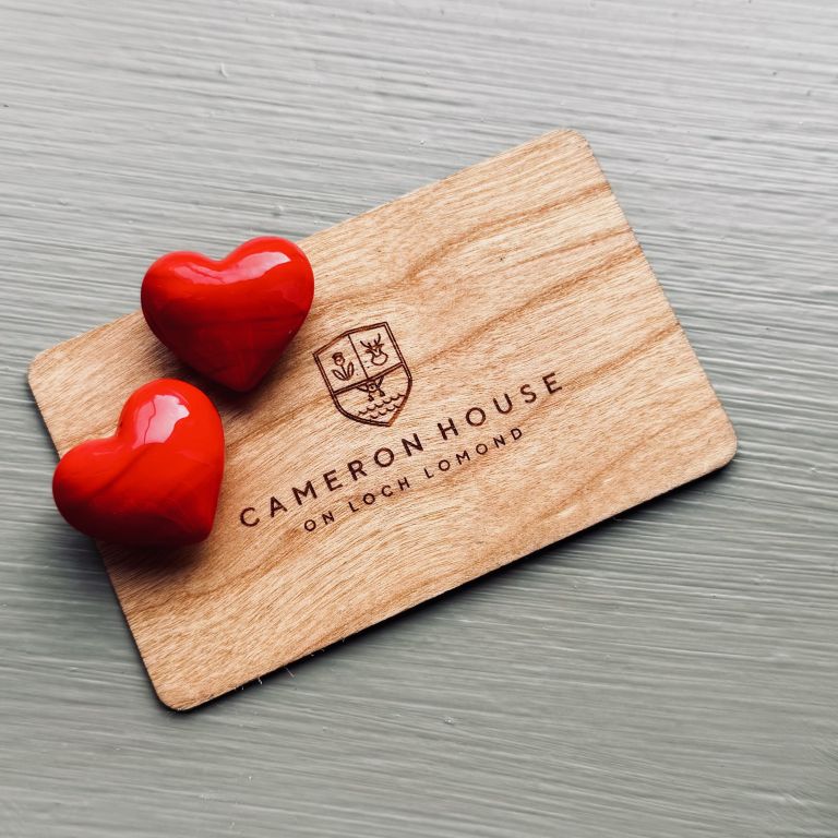 Cameron House at Loch Lomond - wooden hotel room key with two pot red love hearts